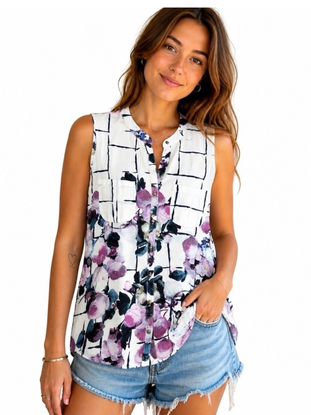 Aratta White Sleeveless Floral Grid Button-Front Blouse